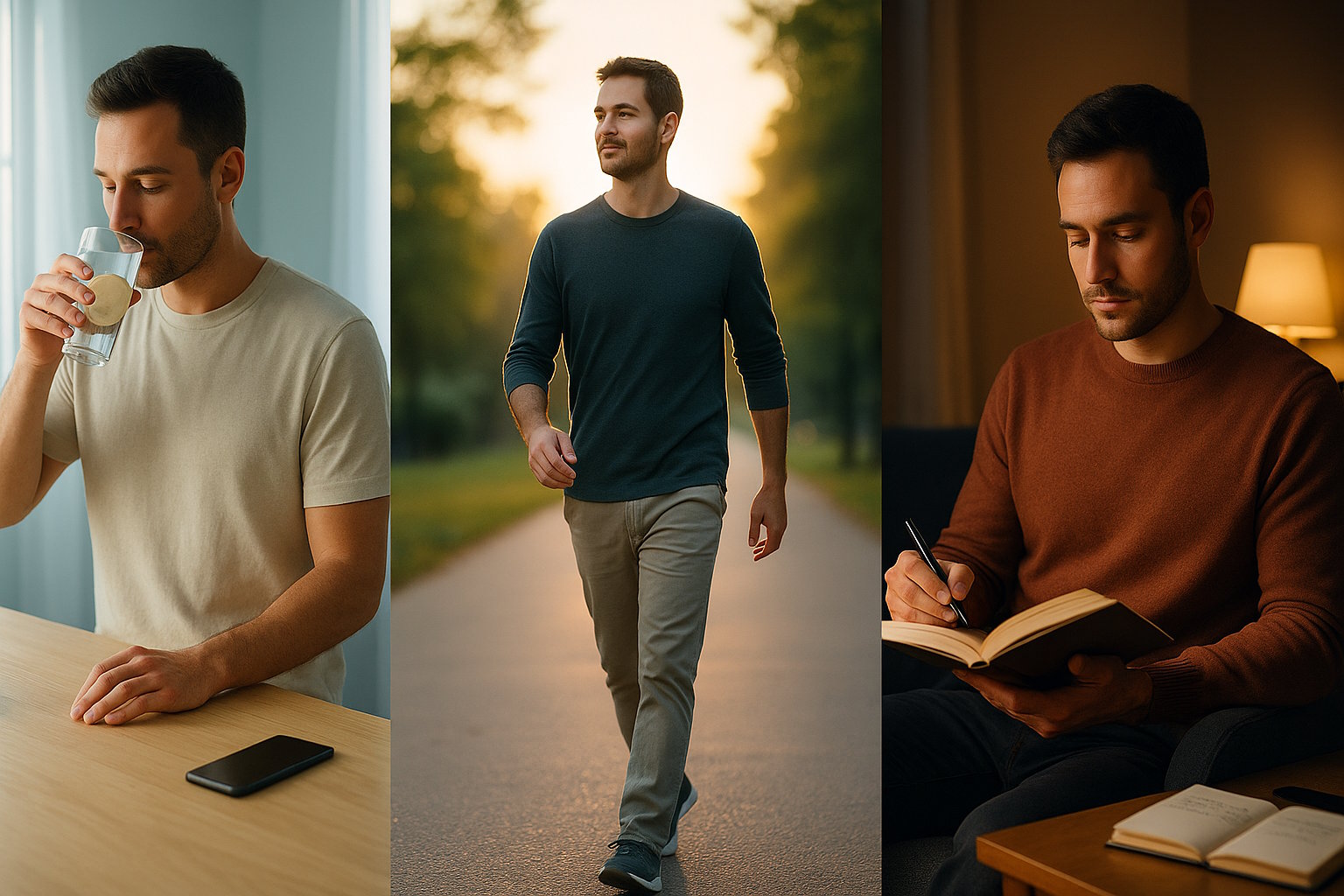 Collage showing a morning routine with water, a person walking outside, and a calm evening reading before sleep.
